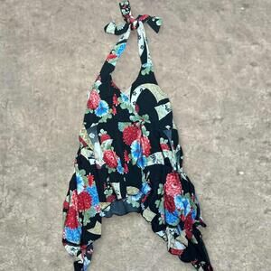 wildcat floral fairy garden party asymmetrical  halter top sz small black red